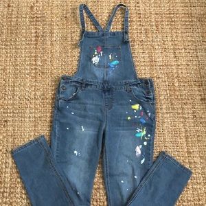 Paint splatter denim overalls